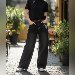 Vintage y2k women’s wide leg jeans size 28 black embroidery stitching high rise